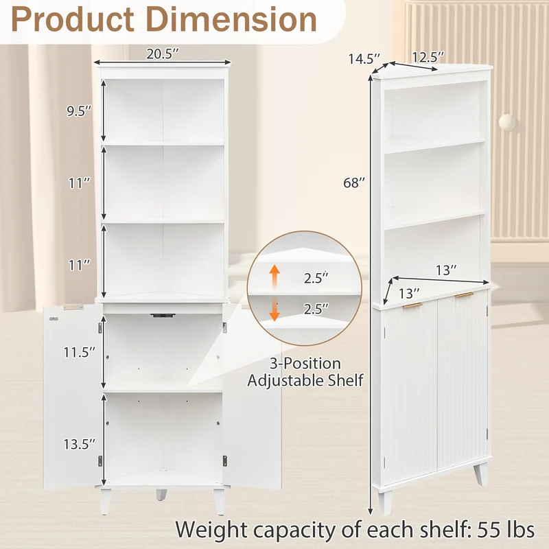 68 Inch Tall Bathroom Floor Storage Cabinet, Fluted Doors, White
