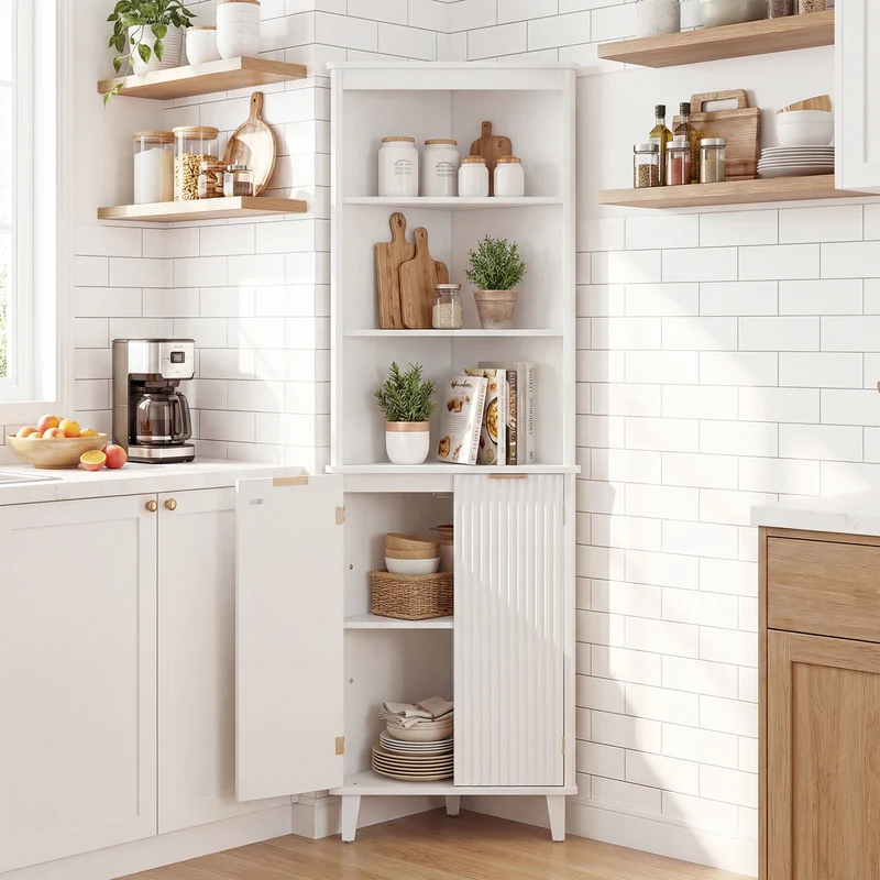 68 Inch Tall Bathroom Floor Storage Cabinet, Fluted Doors, White