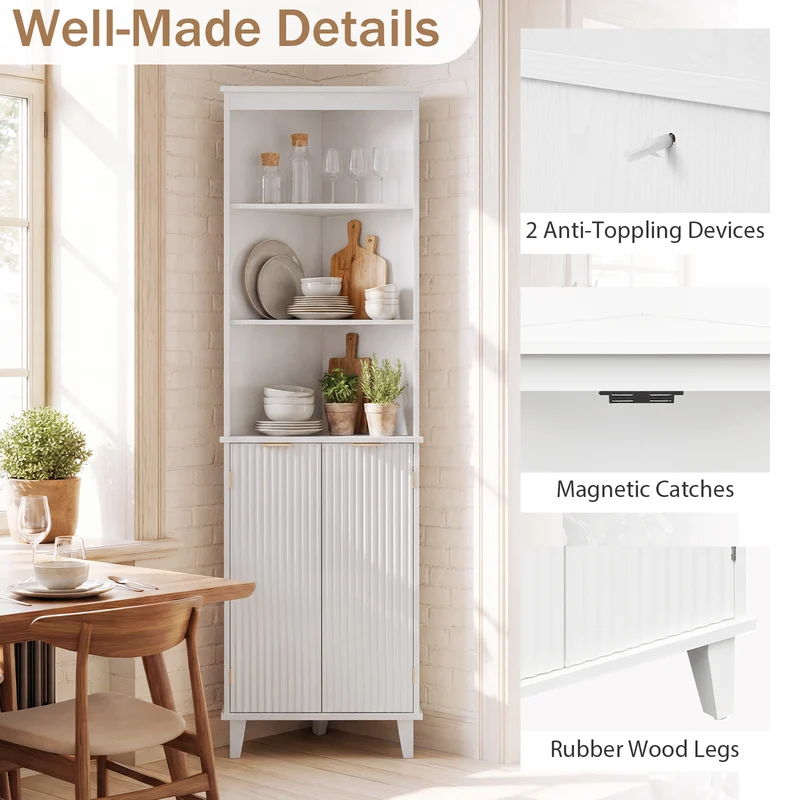 68 Inch Tall Bathroom Floor Storage Cabinet, Fluted Doors, White