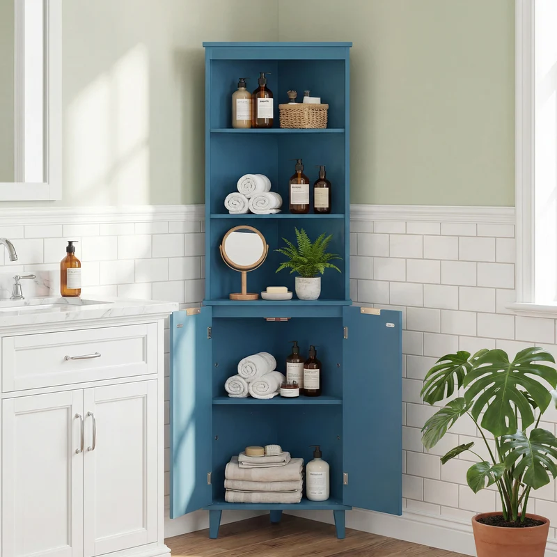 68 Inch Tall Bathroom Floor Storage Cabinet, Fluted Doors, Blue
