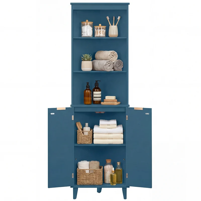 68 Inch Tall Bathroom Floor Storage Cabinet, Fluted Doors, Blue