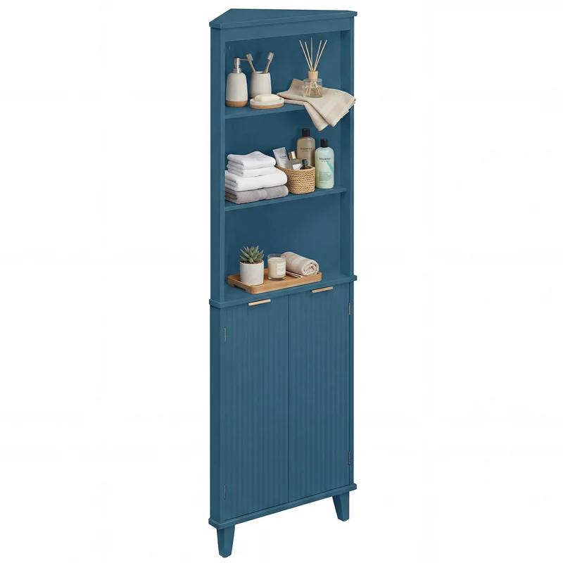 68 Inch Tall Bathroom Floor Storage Cabinet, Fluted Doors, Blue