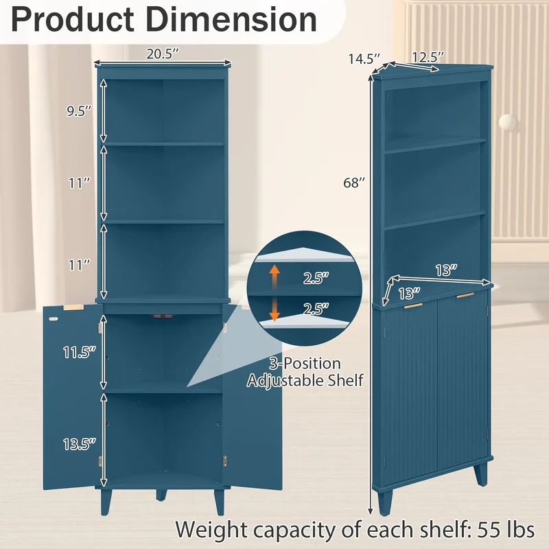 68 Inch Tall Bathroom Floor Storage Cabinet, Fluted Doors, Blue