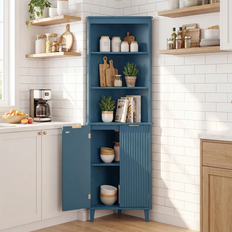 68 Inch Tall Bathroom Floor Storage Cabinet, Fluted Doors, Blue