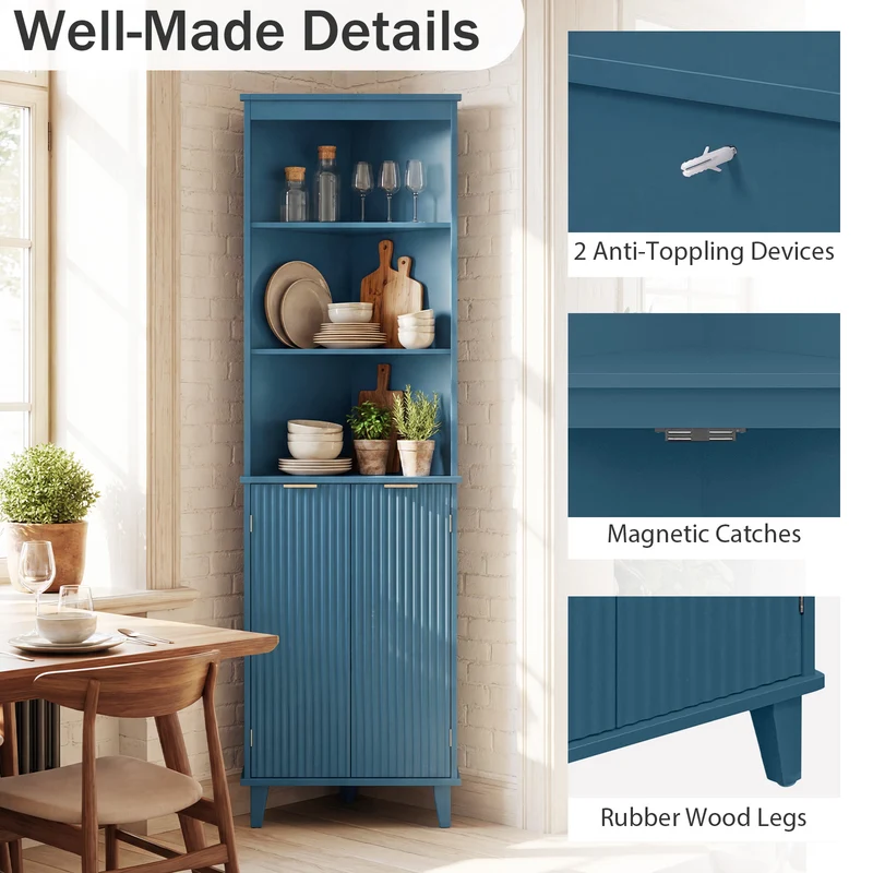 68 Inch Tall Bathroom Floor Storage Cabinet, Fluted Doors, Blue