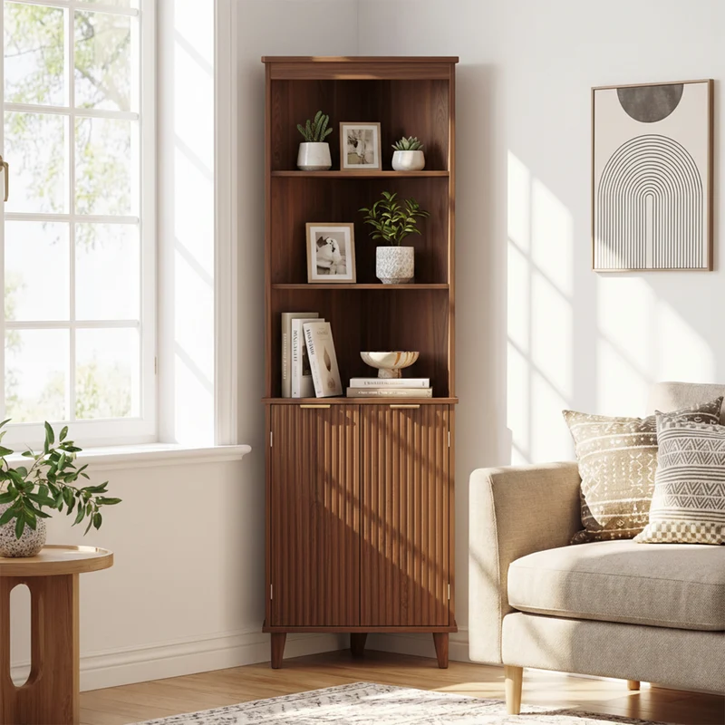 68 Inch Corner Cabinet, Fluted Doors, Walnut