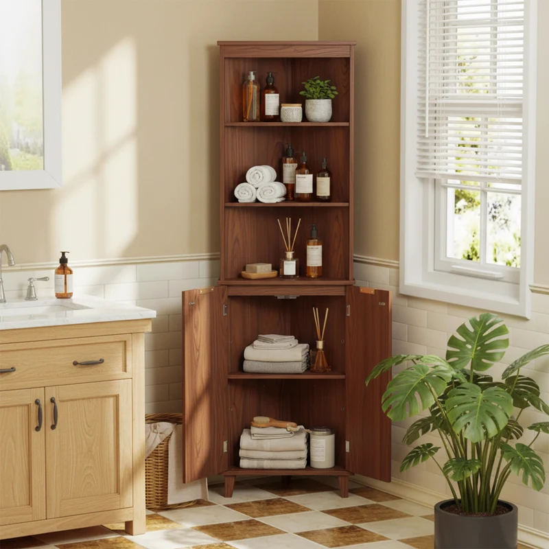 68 Inch Corner Cabinet, Fluted Doors, Walnut