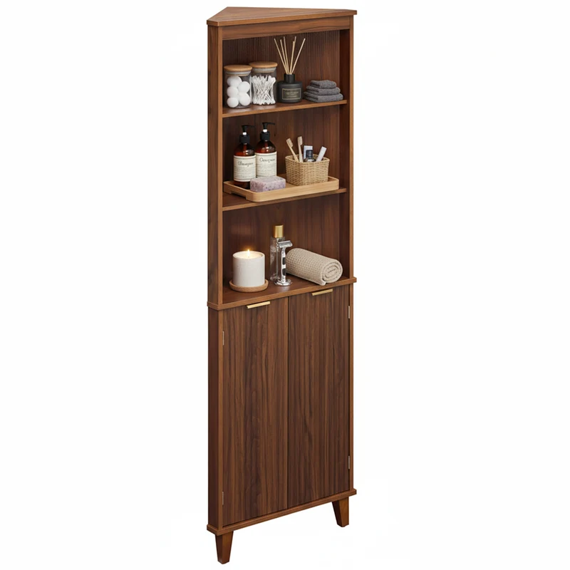 68 Inch Corner Cabinet, Fluted Doors, Walnut