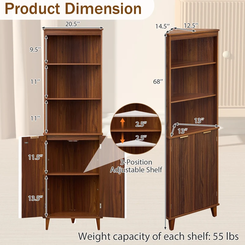 68 Inch Corner Cabinet, Fluted Doors, Walnut