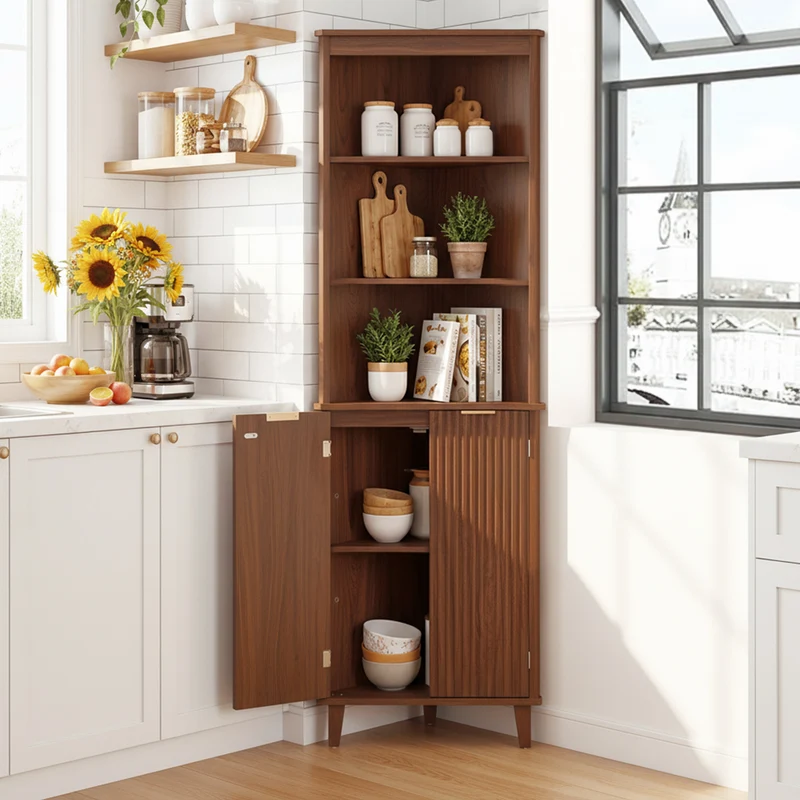 68 Inch Corner Cabinet, Fluted Doors, Walnut