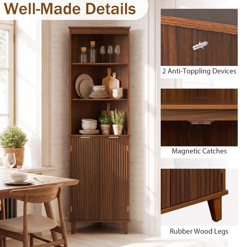 68 Inch Corner Cabinet, Fluted Doors, Walnut