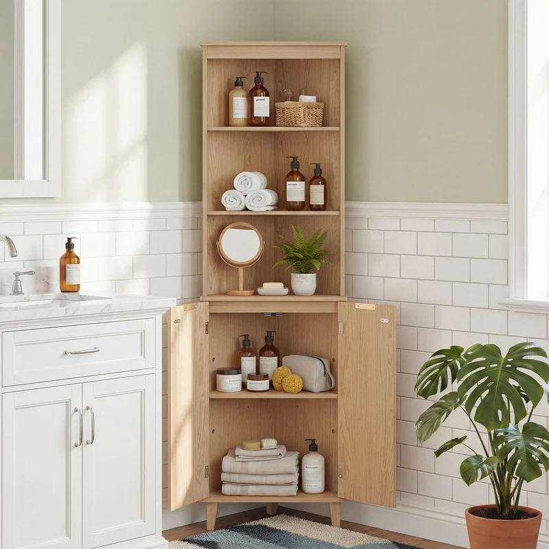 68 Inch Corner Cabinet With Fluted Doors, Oak