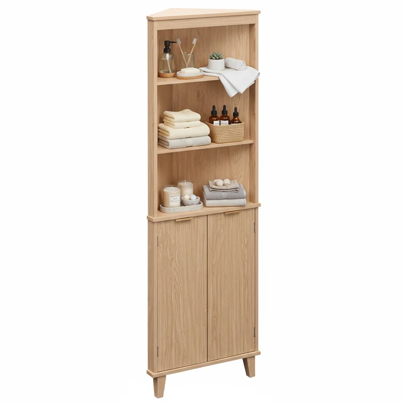 68 Inch Corner Cabinet With Fluted Doors, Oak