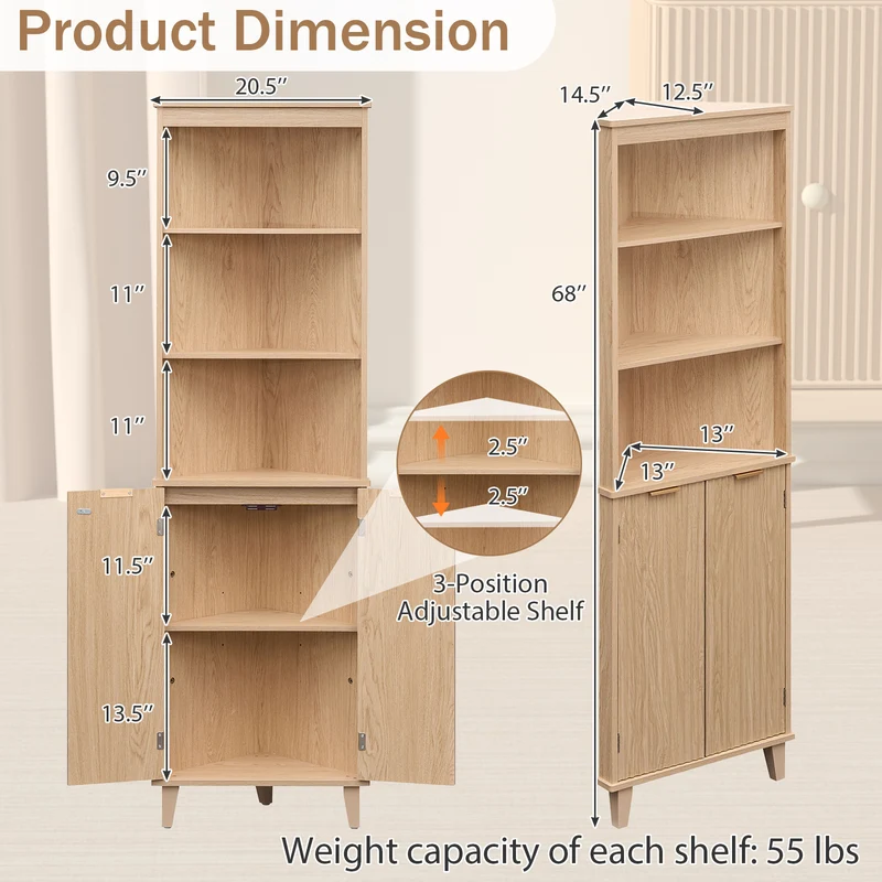 68 Inch Corner Cabinet With Fluted Doors, Oak