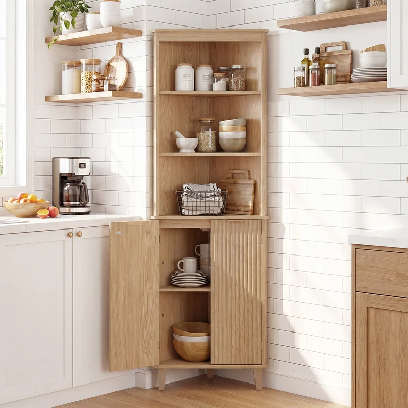 68 Inch Corner Cabinet With Fluted Doors, Oak