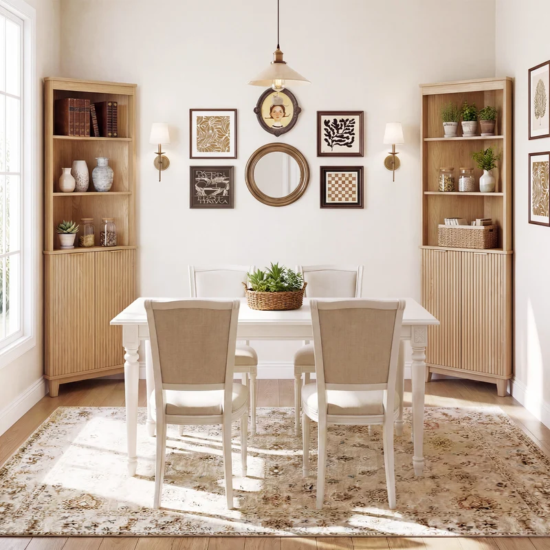 68 Inch Corner Cabinet With Fluted Doors, Oak