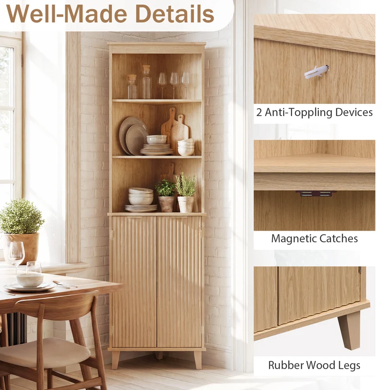 68 Inch Corner Cabinet With Fluted Doors, Oak