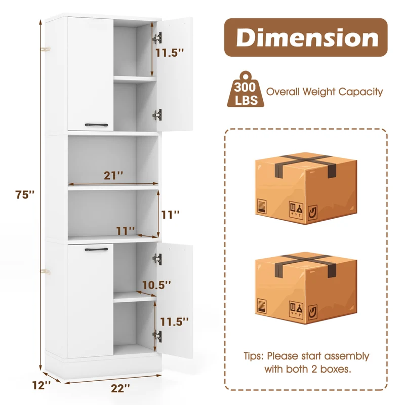 75 Inch Kitchen Pantry Cabinet, With Doors And Shelves, White