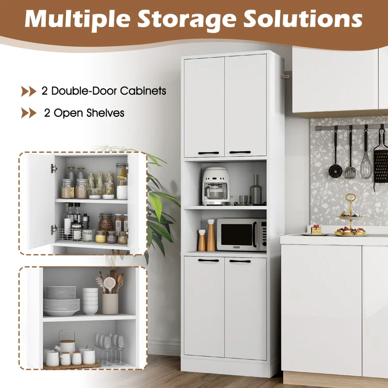 75 Inch Kitchen Pantry Cabinet, With Doors And Shelves, White