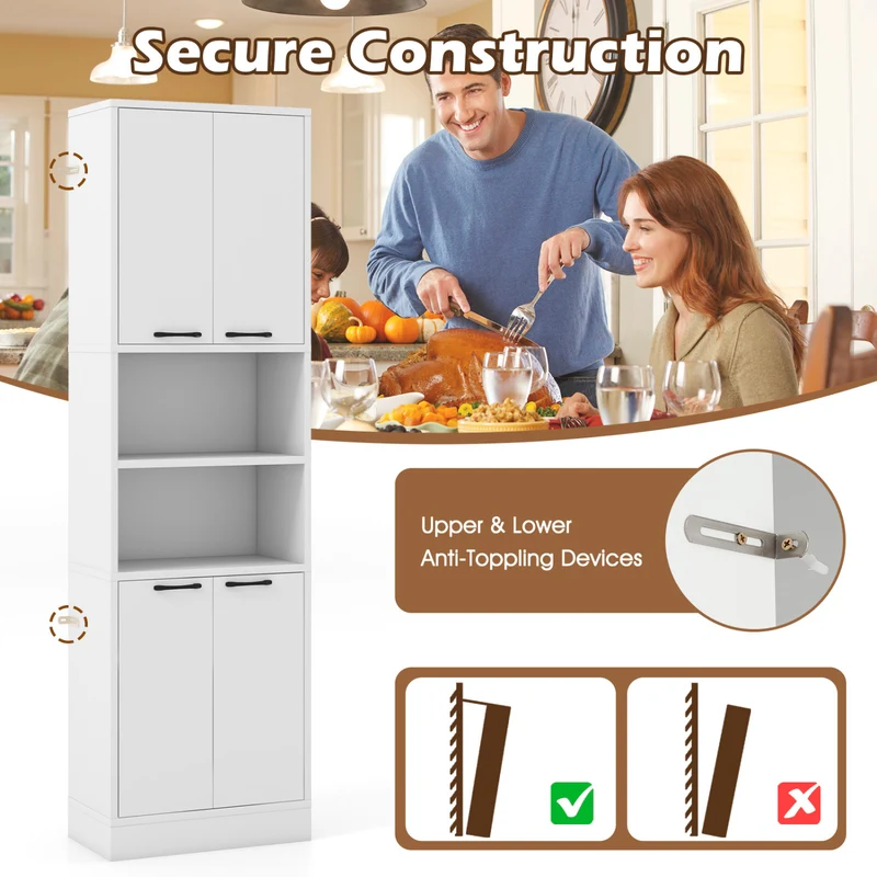 75 Inch Kitchen Pantry Cabinet, With Doors And Shelves, White