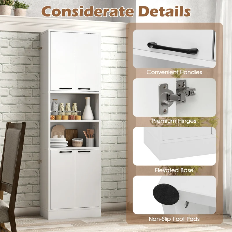 75 Inch Kitchen Pantry Cabinet, With Doors And Shelves, White