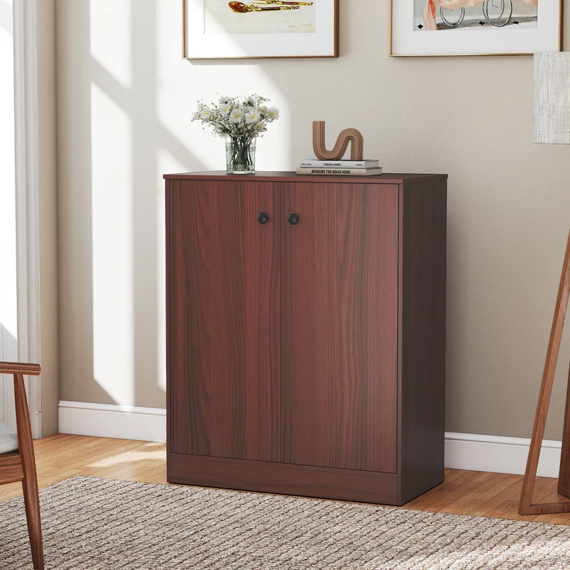 2-Door Modern Floor Storage Cabinet, 3-Tier Shelf, Brown