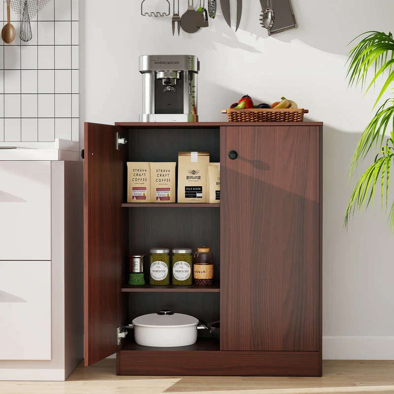 2-Door Modern Floor Storage Cabinet, 3-Tier Shelf, Brown