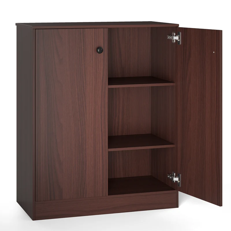 2-Door Modern Floor Storage Cabinet, 3-Tier Shelf, Brown