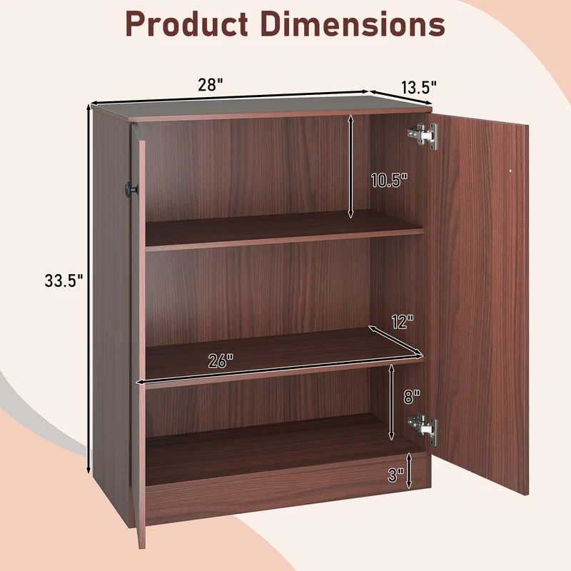 2-Door Modern Floor Storage Cabinet, 3-Tier Shelf, Brown