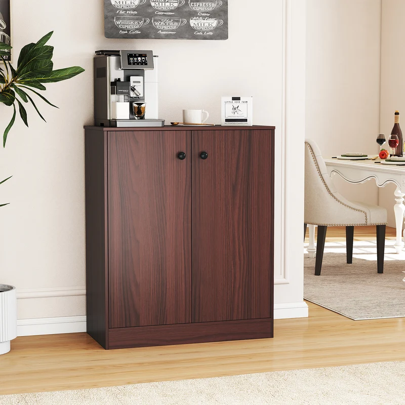 2-Door Modern Floor Storage Cabinet, 3-Tier Shelf, Brown