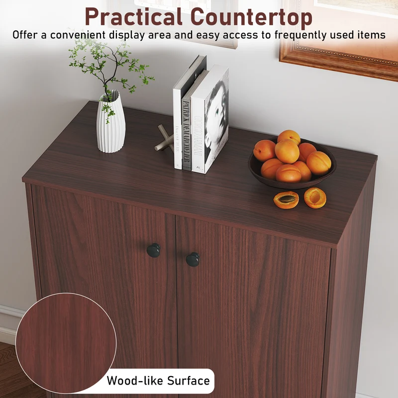 2-Door Modern Floor Storage Cabinet, 3-Tier Shelf, Brown