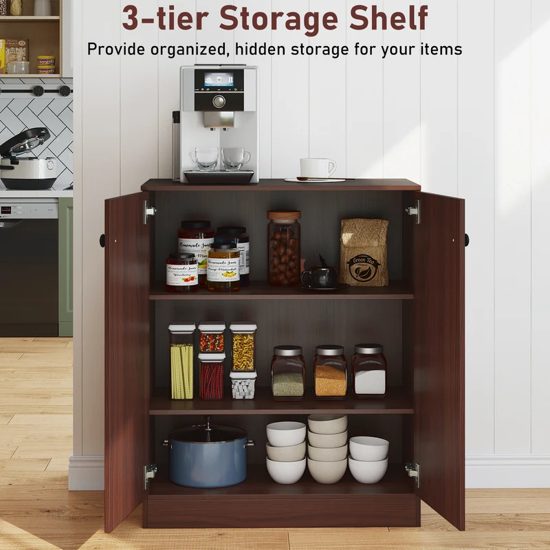 2-Door Modern Floor Storage Cabinet, 3-Tier Shelf, Brown