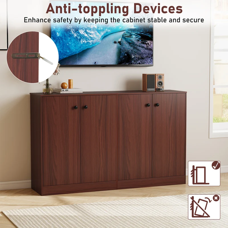 2-Door Modern Floor Storage Cabinet, 3-Tier Shelf, Brown