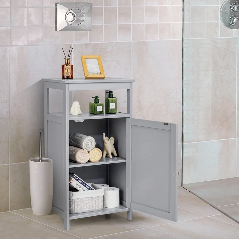 Wooden Bathroom Floor Cabinet, Multifunction Storage Rack, Gray