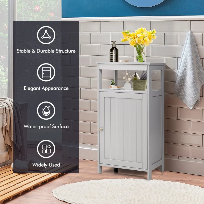Wooden Bathroom Floor Cabinet, Multifunction Storage Rack, Gray