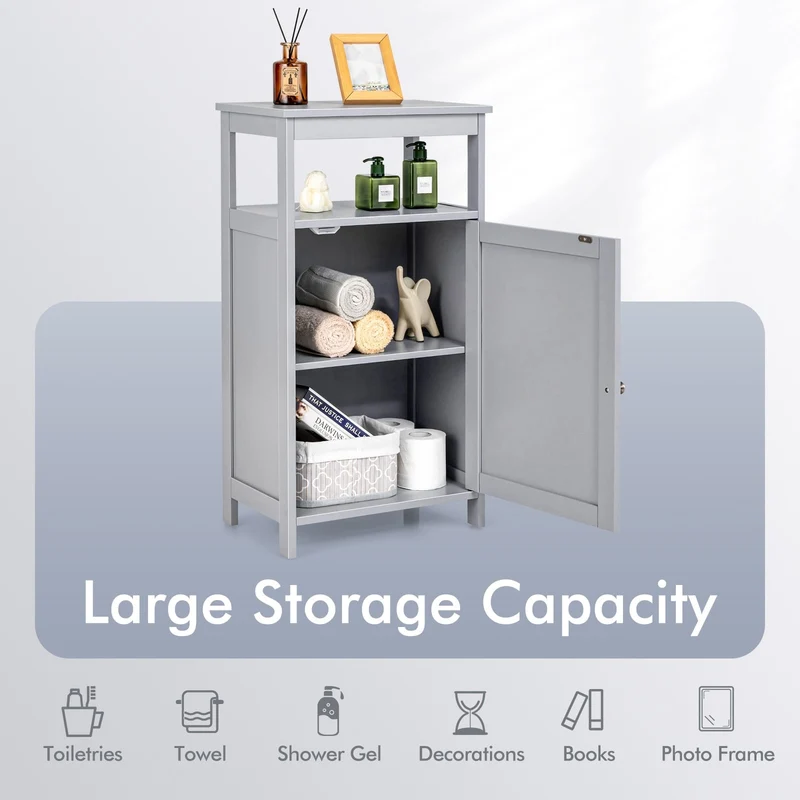 Wooden Bathroom Floor Cabinet, Multifunction Storage Rack, Gray