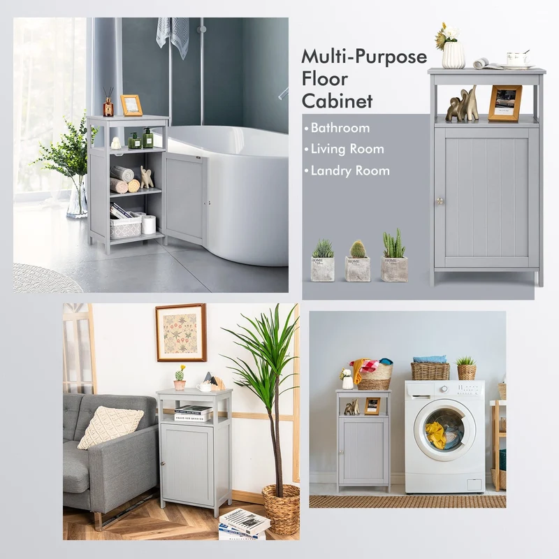 Wooden Bathroom Floor Cabinet, Multifunction Storage Rack, Gray