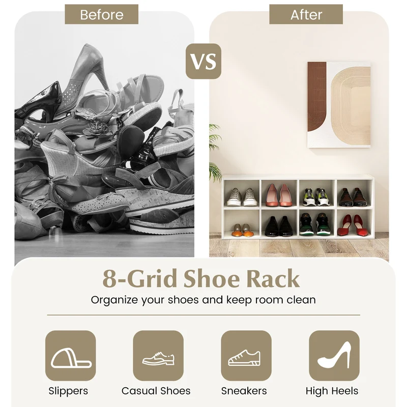 8 Cubbies Shoe Organizer, 500 LBS Weight Capacity, White