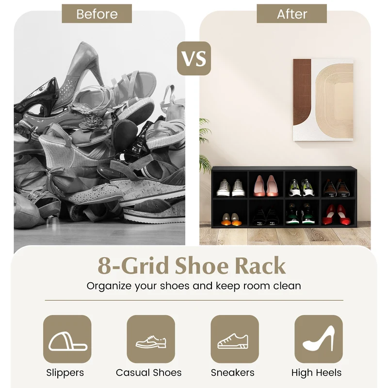 8 Cubbies Shoe Organizer, 500 LBS Weight Capacity, Black