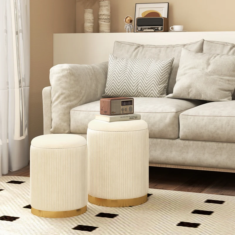Velvet Linen Fabric Storage Ottoman Set Of 2, Golden
