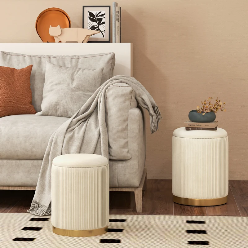 Velvet Linen Fabric Storage Ottoman Set Of 2, Golden