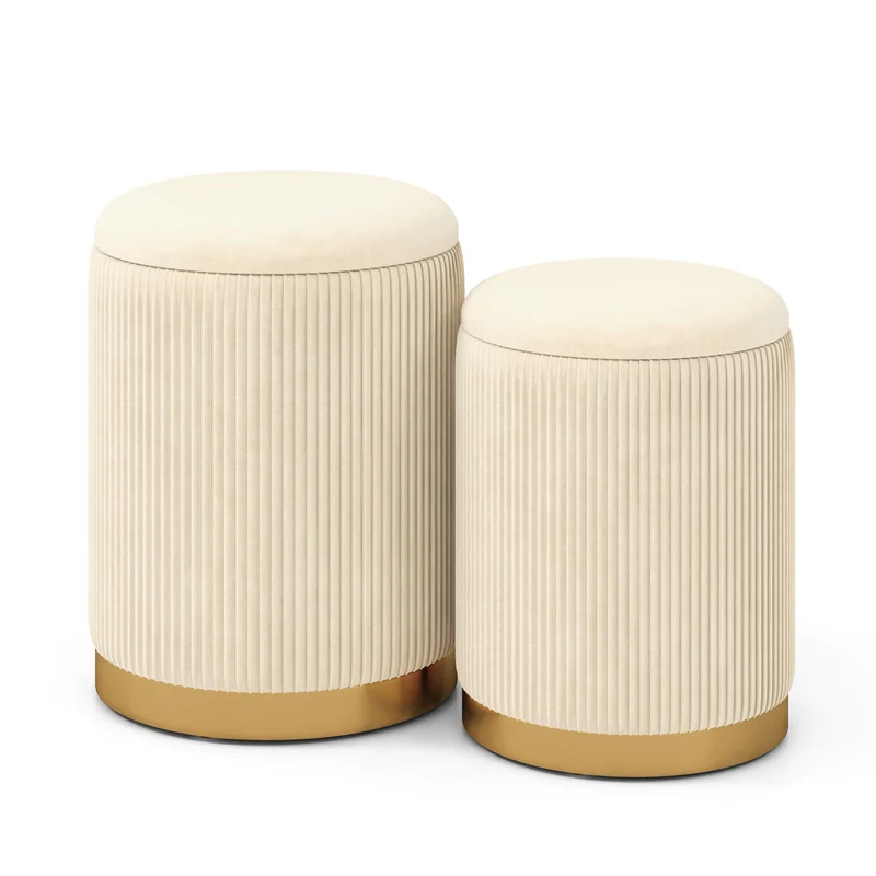 Velvet Linen Fabric Storage Ottoman Set Of 2, Golden