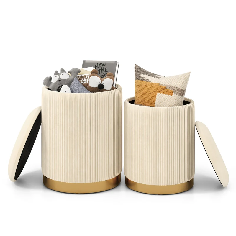 Velvet Linen Fabric Storage Ottoman Set Of 2, Golden