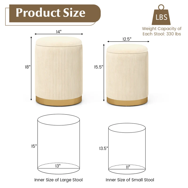 Velvet Linen Fabric Storage Ottoman Set Of 2, Golden