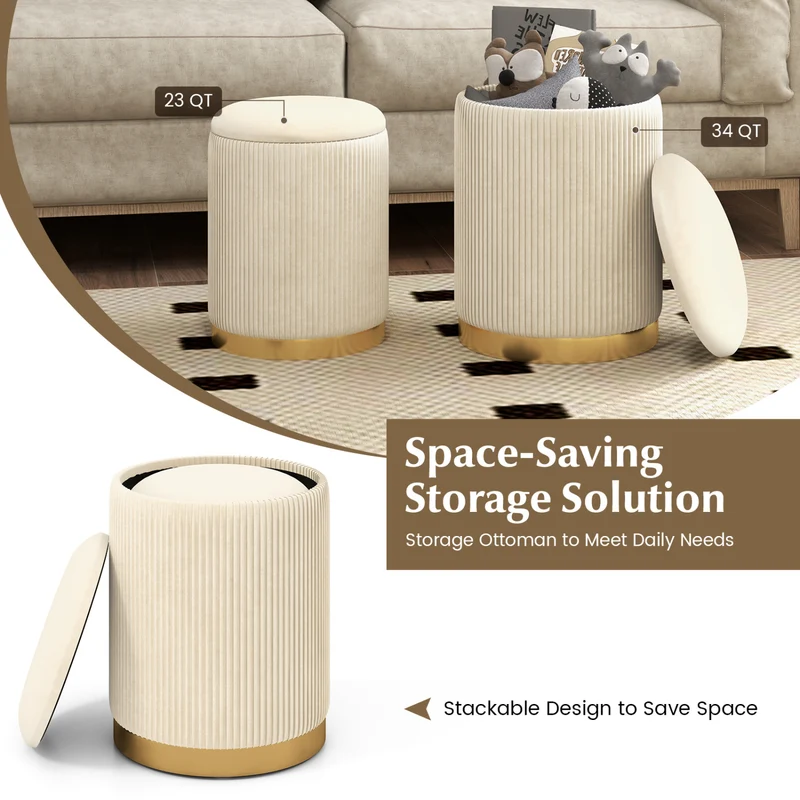 Velvet Linen Fabric Storage Ottoman Set Of 2, Golden