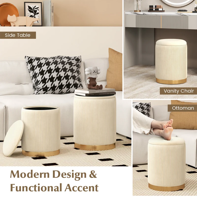 Velvet Linen Fabric Storage Ottoman Set Of 2, Golden