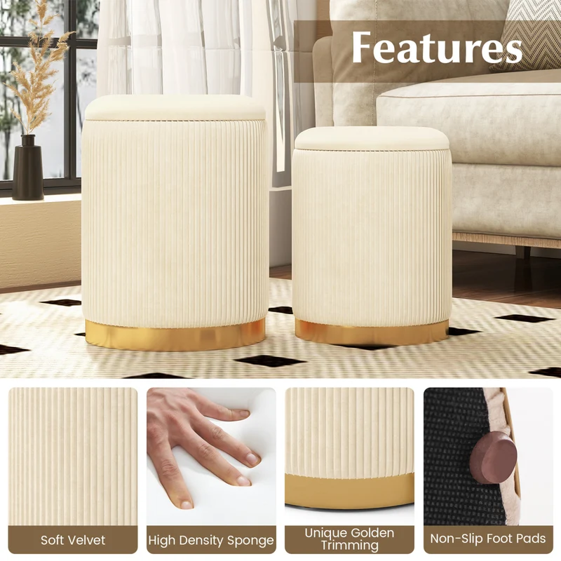 Velvet Linen Fabric Storage Ottoman Set Of 2, Golden