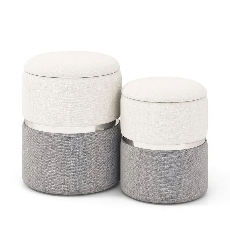 Velvet Linen Fabric Storage Ottoman Set, 2 Piece, Gray