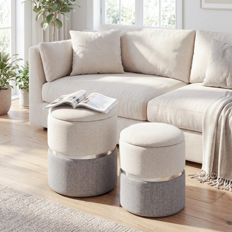 Velvet Linen Fabric Storage Ottoman Set, 2 Piece, Gray