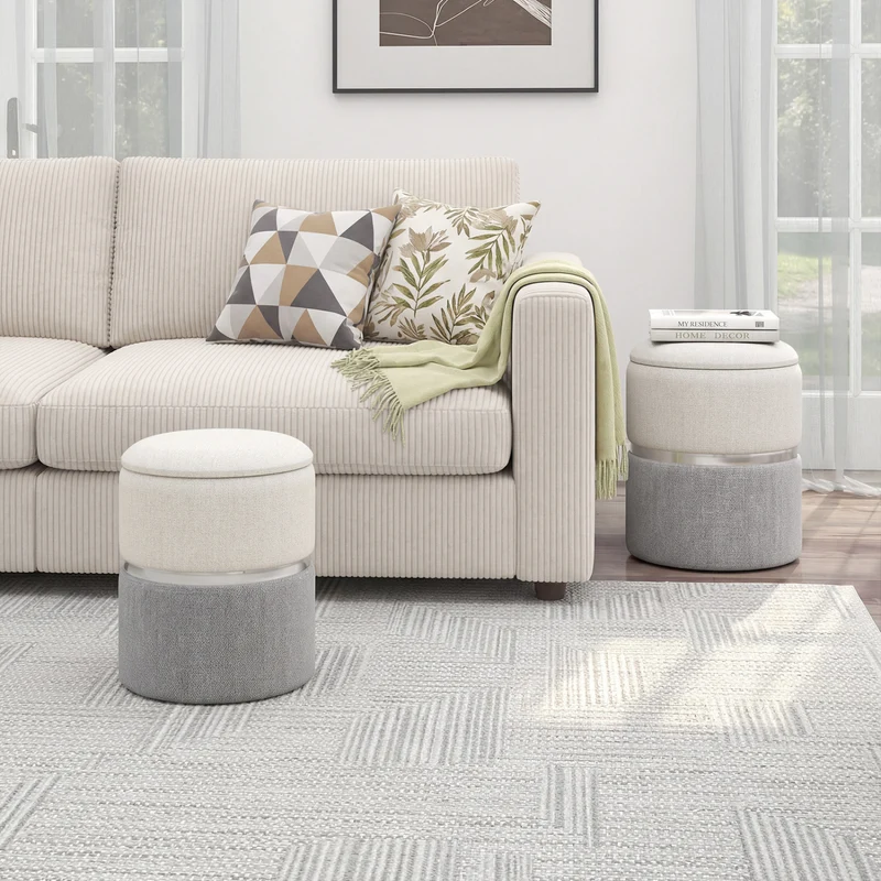 Velvet Linen Fabric Storage Ottoman Set, 2 Piece, Gray